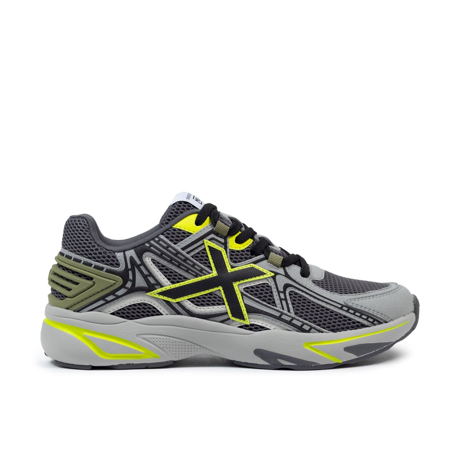 Munich M2000 sneaker in grey and lime, side view, on white