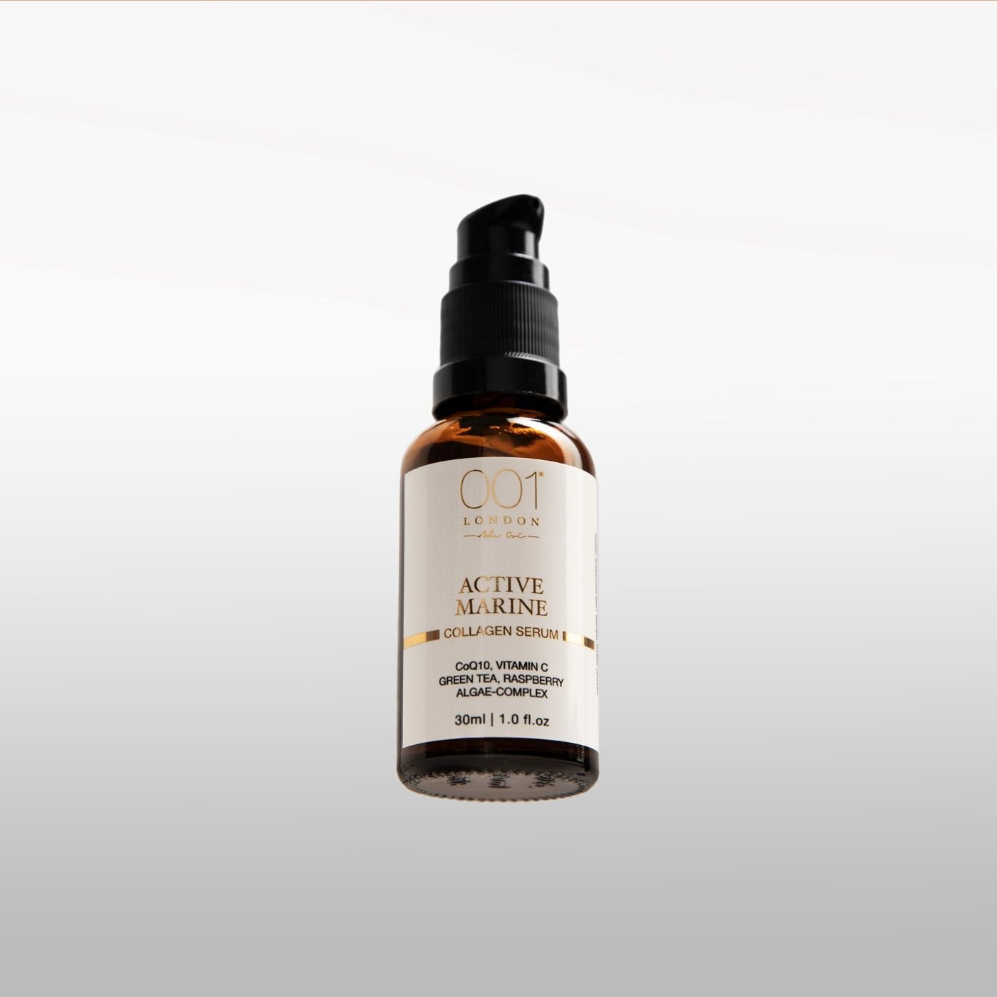 001 London skincare: Active Marine Collagen Serum, product shot on grey gradient